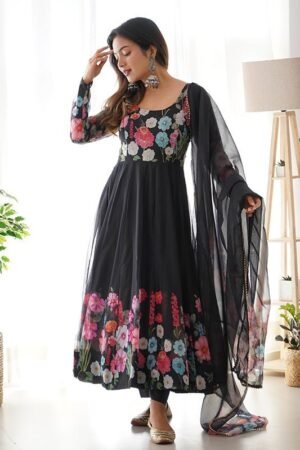 Flower Black Printed Anarkali Gown With Pant & Dupatta Set