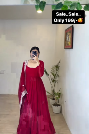 Dark Red Ruffle Design Anarkali Gown