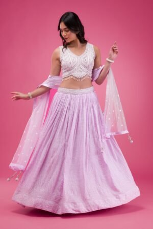 Lavender Threadwork Georgette Readymade Lehenga