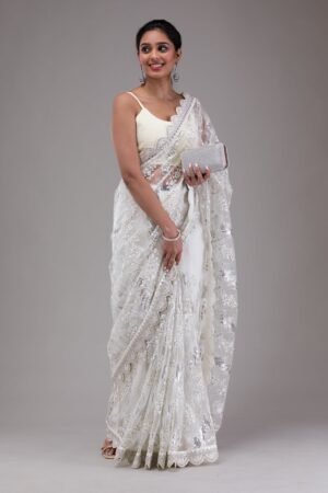 White Threadwork Net Saree