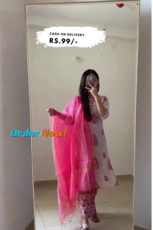 Soft Grey and Pink Foil Printed Straight Kurta Set