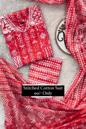 V Neck Fancy Cotton Salwar With Dupatta For Women