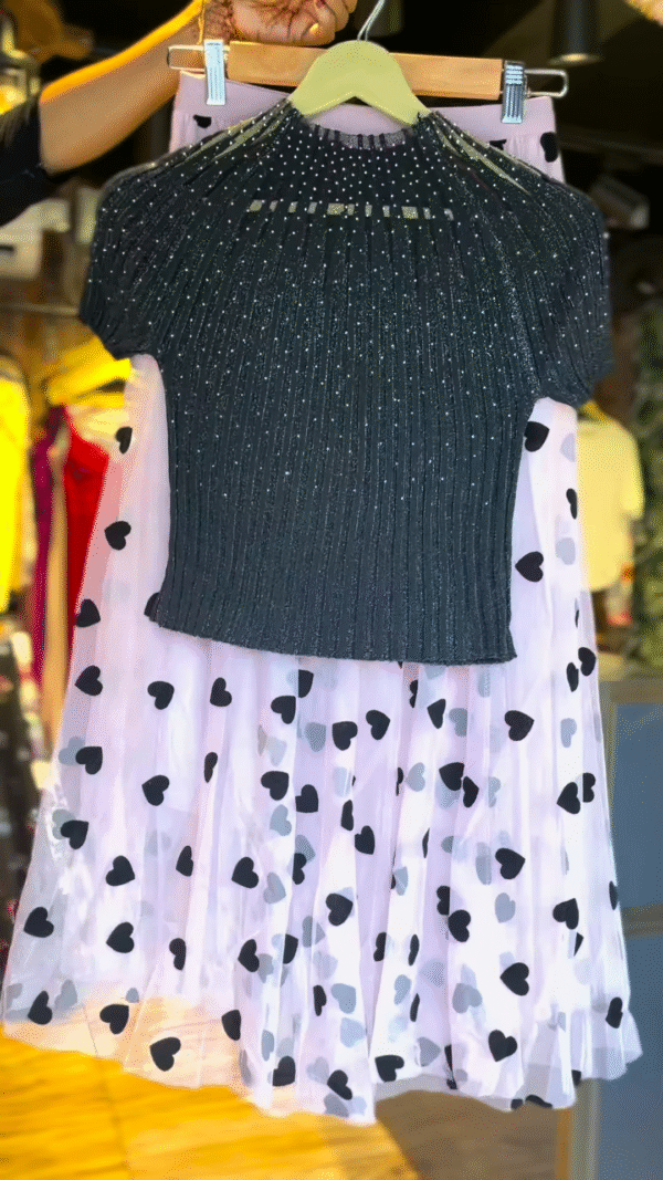 Black Glitter Top with Pink Heart Net Skirt – Magical Glam Co-ord Set - nehaff.com