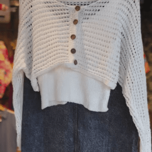 Chic Casual Ensemble Featuring a White Knit Button-Front Loose Pullover Top Paired with a High-Waisted Washed Black Denim Midi Skirt – Perfect... -...
