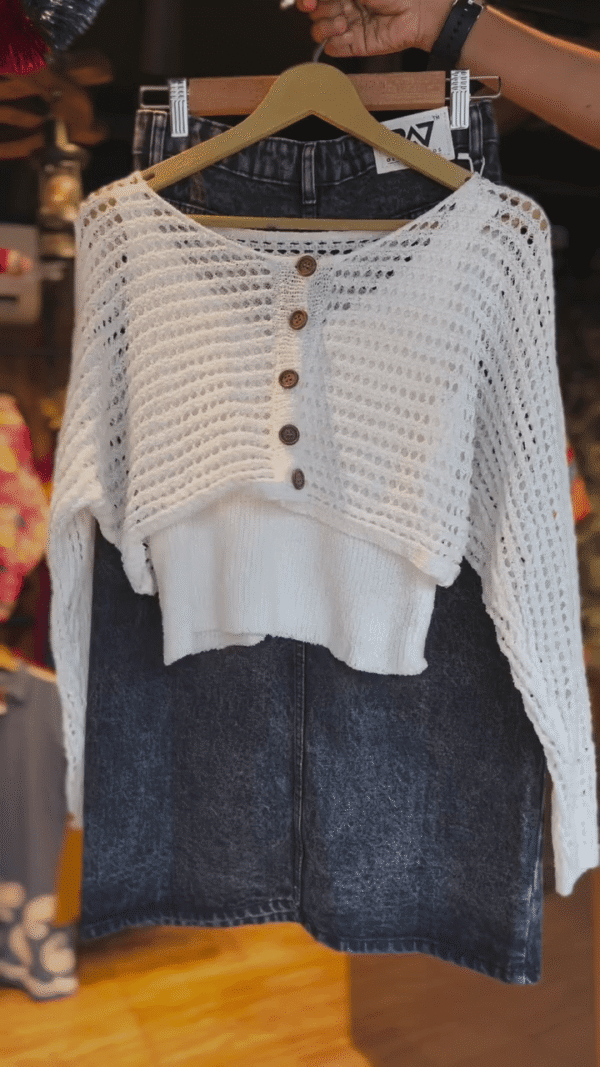 Chic Casual Ensemble Featuring a White Knit Button-Front Loose Pullover Top Paired with a High-Waisted Washed Black Denim Midi Skirt – Perfect... -...