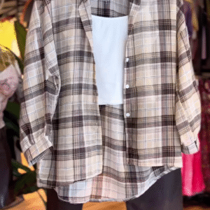 Classic Beige Checkered Shirt Co-ord Set with White Tank & Black Pants - nehaff.com