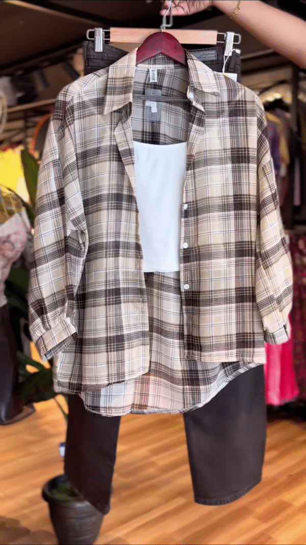 Classic Beige Checkered Shirt Co-ord Set with White Tank & Black Pants - nehaff.com