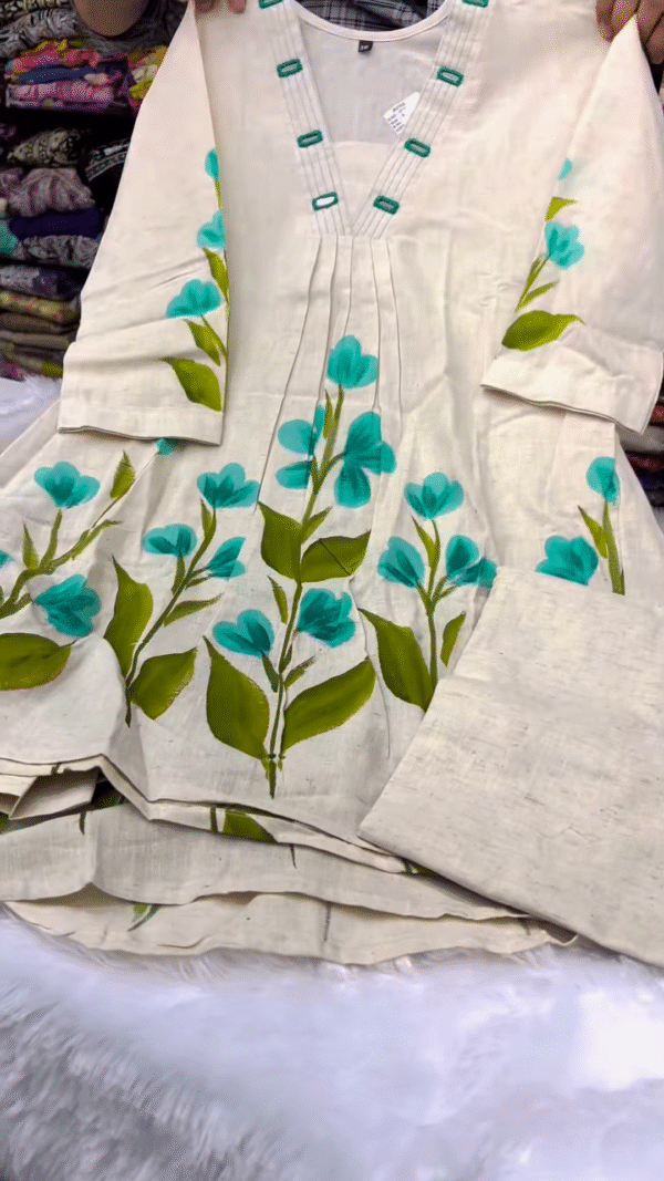 Cream Hand-Painted Floral Kurti with Pant – Elegant Ethnic Wear Set - nehaff.com