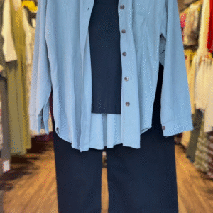 Dusty Blue Oversized Shirt with Black Inner Tank & Wide-Leg Pants – 3-Piece Co-Ord Set - nehaff.com
