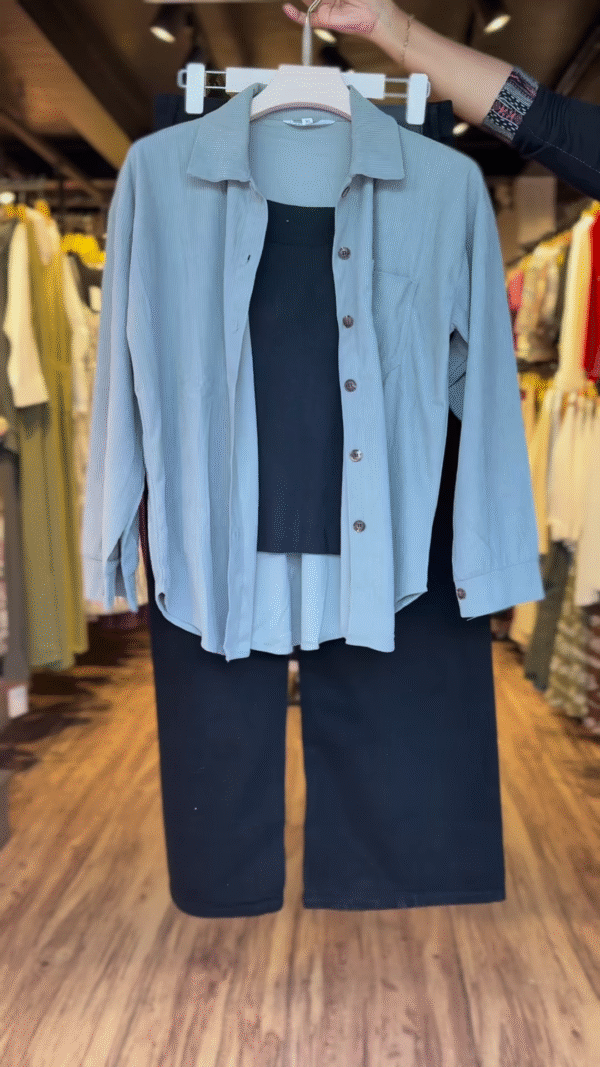 Dusty Blue Oversized Shirt with Black Inner Tank & Wide-Leg Pants – 3-Piece Co-Ord Set - nehaff.com