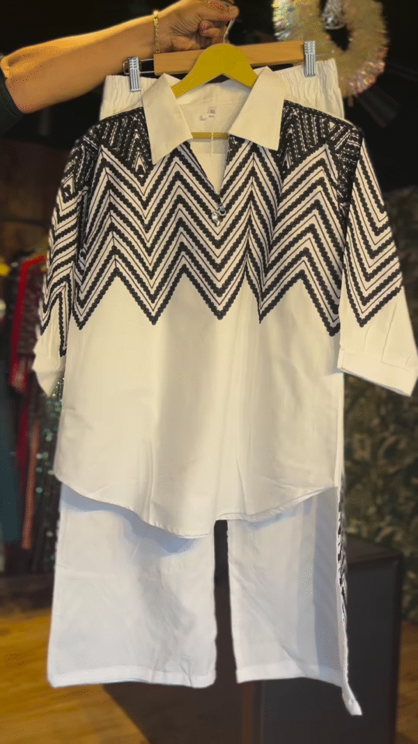🖤✨ Elegant Monochrome Zigzag Embroidered Co-Ord Set (2-Piece) - nehaff.com