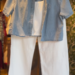Embellished Denim Coord Set with White Wide-Leg Pants - nehaff.com