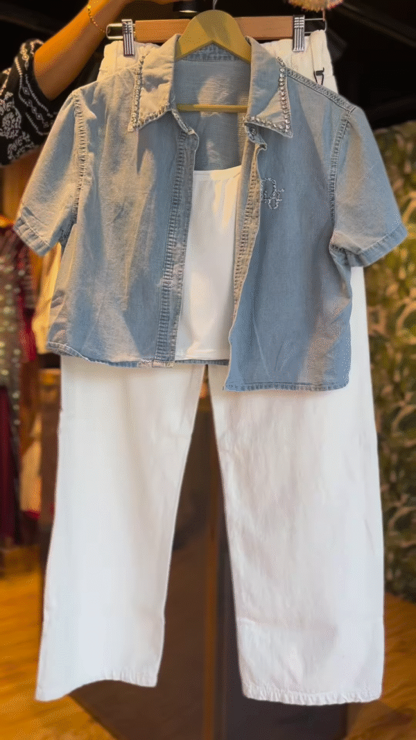 Embellished Denim Coord Set with White Wide-Leg Pants - nehaff.com