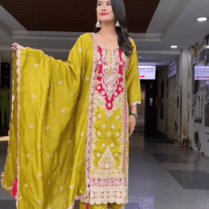 Embroidered Festive Wear Pakistani Style Suit Set for Women Featuring Rich Thread and Mirror Work with Heavy Lace Detailing, Paired with...