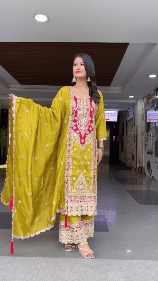 Embroidered Festive Wear Pakistani Style Suit Set for Women Featuring Rich Thread and Mirror Work with Heavy Lace Detailing, Paired with...