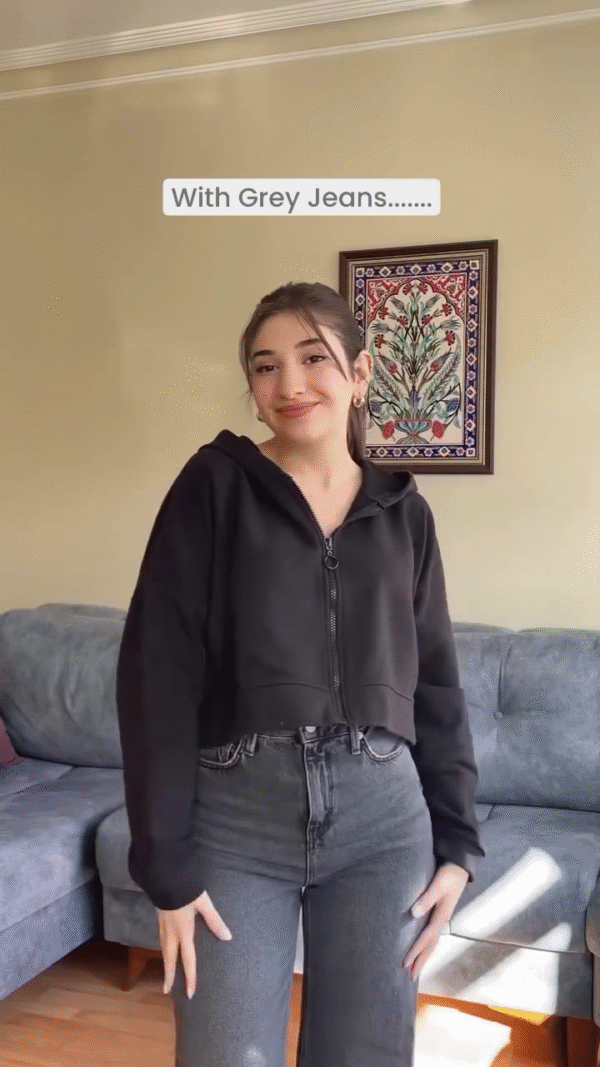 Everyday Edge – Cropped Zip-Up Hoodie with High-Waisted Grey Jeans (Multicolor Available) - nehaff.com
