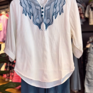 Indigo Drift: Embroidered High-Low Shirt & Wide-Leg Set - nehaff.com