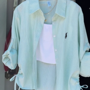 Mint Striped Drawstring Shirt with White Crop Tank – Breezy Layered Look - nehaff.com