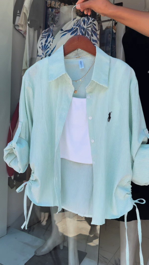 Mint Striped Drawstring Shirt with White Crop Tank – Breezy Layered Look - nehaff.com