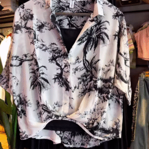 Monochrome Palm-Print Satin Co-ord with Draped Top & Sheer Layered Skirt - nehaff.com