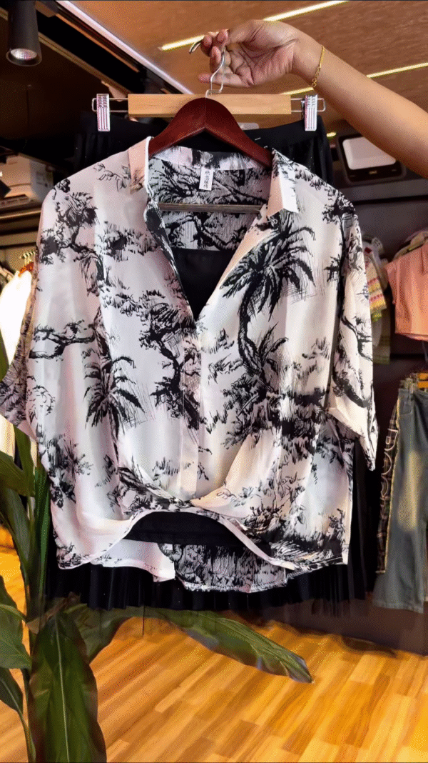 Monochrome Palm-Print Satin Co-ord with Draped Top & Sheer Layered Skirt - nehaff.com