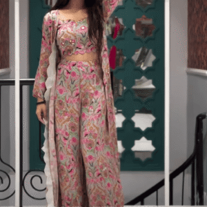 Multicolor Floral Embroidered Crop Top with Flared Palazzo Pants and Matching Long Shrug in Georgette Fabric for Festive and Indo-Western Occasions...