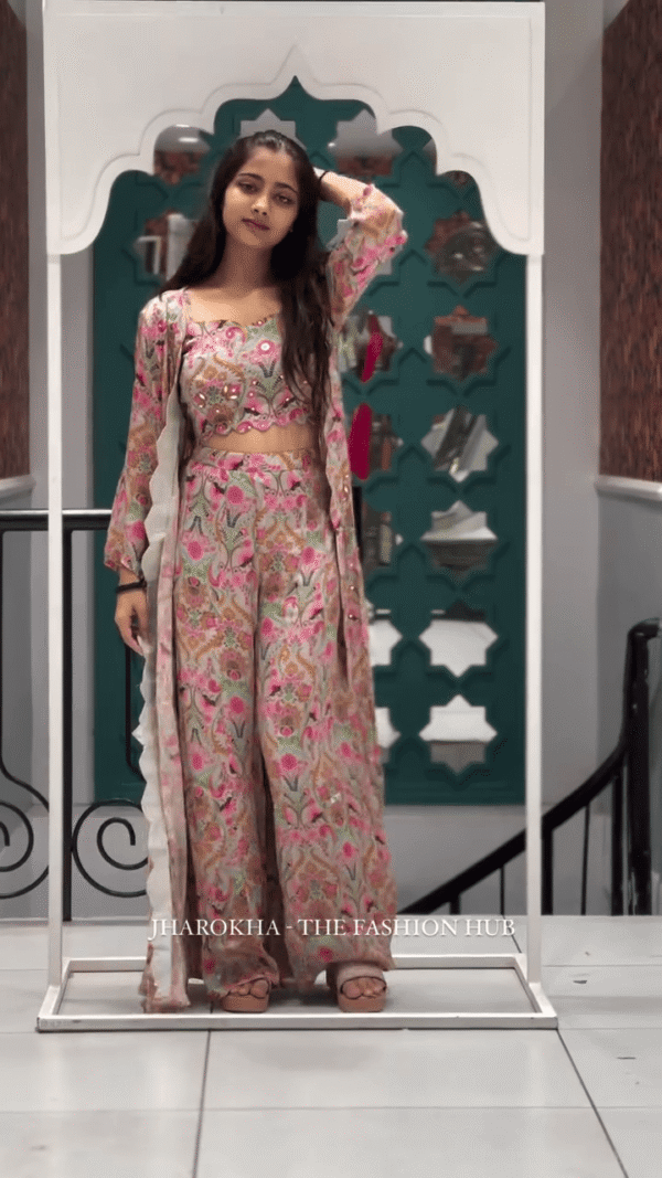Multicolor Floral Embroidered Crop Top with Flared Palazzo Pants and Matching Long Shrug in Georgette Fabric for Festive and Indo-Western Occasions...