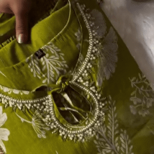 Olive Green Floral Printed Kurta Set with Pearl-Embellished Neck Design, Matching Bottoms, and Dupatta – Perfect for Festive and Ethnic Occasions -...