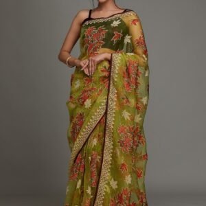 Parrot Green Printed Organza Designer Saree