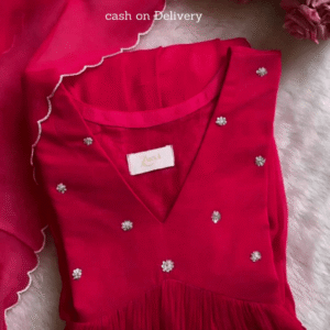 Red Georgette Kurti with Delicate Floral Embellishments and Pleated Hem – Soft Fabric with Matching Dupatta – Ideal for Festive and Casual Wear -...