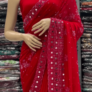 Red Georgette Mirror Work Saree with Intricate Thread Embroidery and Designer Lace Border – Perfect for Festive and Wedding Occasions - nehaff.com