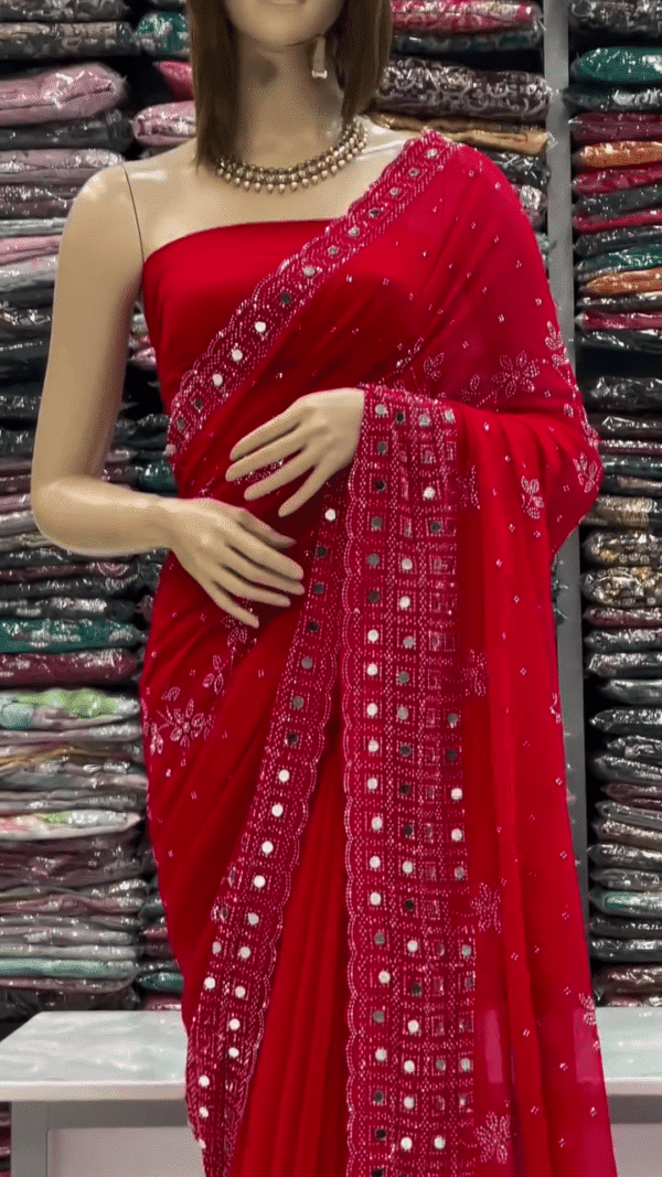 Red Georgette Mirror Work Saree with Intricate Thread Embroidery and Designer Lace Border – Perfect for Festive and Wedding Occasions - nehaff.com