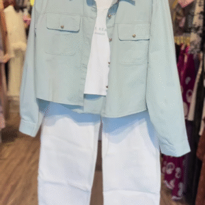 Seafoam Utility Shirt Co-ord with Graphic White Tee & Wide-Leg Trousers - nehaff.com