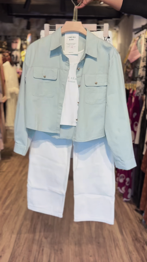 Seafoam Utility Shirt Co-ord with Graphic White Tee & Wide-Leg Trousers - nehaff.com