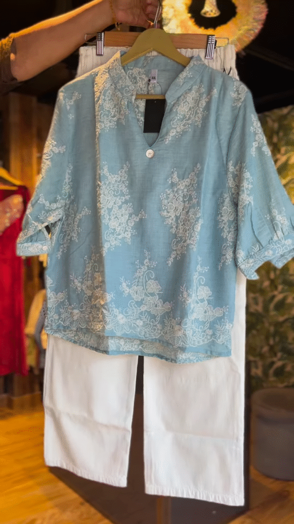 Sky Bloom: Powder Blue Embroidered Co-Ord Set - nehaff.com