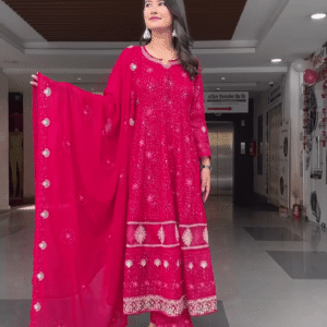 Stunning Festive Red Georgette Anarkali Kurta Set with Intricate Sequin Embroidery, Matching Embellished Dupatta, and Coordinated Pants – Ideal...