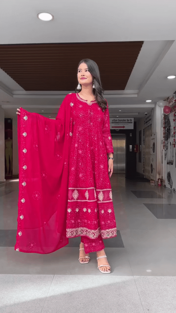 Stunning Festive Red Georgette Anarkali Kurta Set with Intricate Sequin Embroidery, Matching Embellished Dupatta, and Coordinated Pants – Ideal...