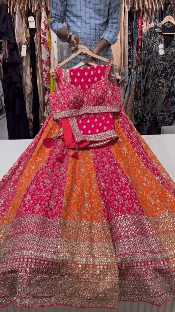Stunning Pink and Orange Bridal Lehenga Choli Set with Heavy Sequin and Zari Embroidery, Mirror Work Detailing, and Designer Tassel Accents –... -...