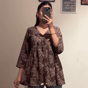 Stylish Printed Empire Waist A-Line Cotton Tops In Multi Design – Boho Ethnic and Tropical Designs with Flared Hem & 3/4 Sleeves, Perfect for... -...
