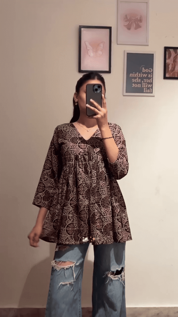 Stylish Printed Empire Waist A-Line Cotton Tops In Multi Design – Boho Ethnic and Tropical Designs with Flared Hem & 3/4 Sleeves, Perfect for... -...