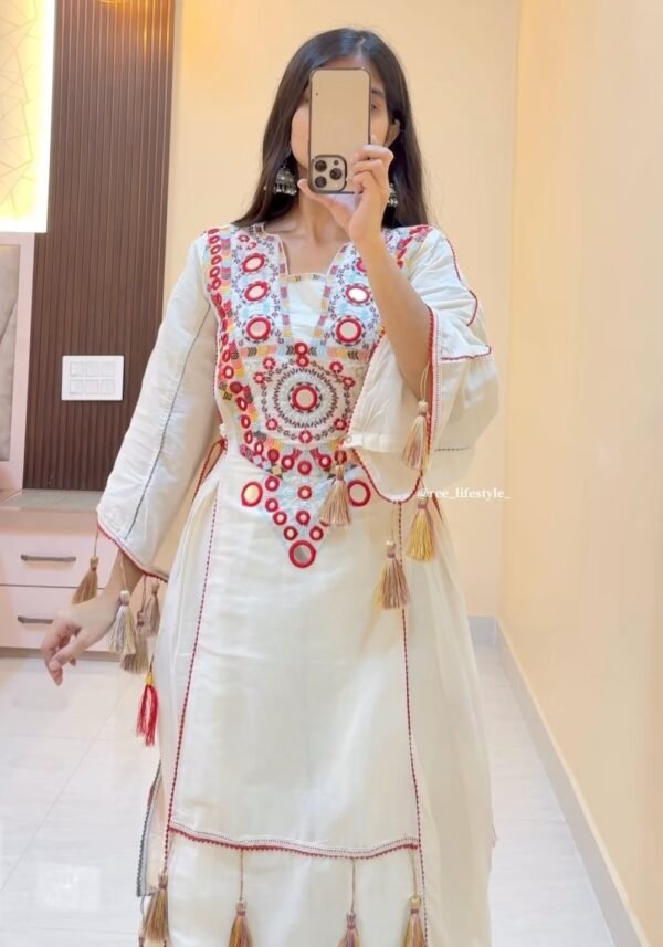 White Embroidered Kurti Set with Tassel Sleeves – Ethnic Wear for Women – Only ₹99 - nehaff.com