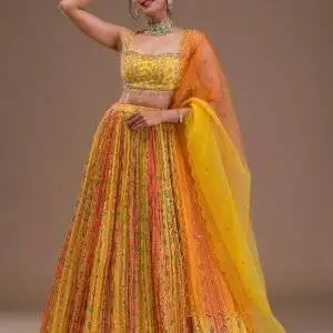 Yellow Cutdana Crepe Readymade Lehenga