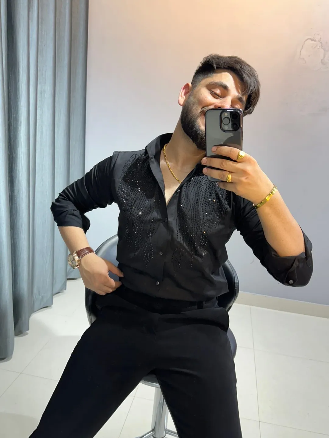 Luxury Black Designer Shirt for Men | Gold Embroidered Partywear Shirt - Image 2