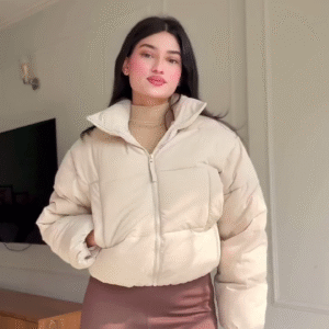Beige Puffer Jacket Look 🤍 with Brown Leggings – Soft & Stylish Winterwear