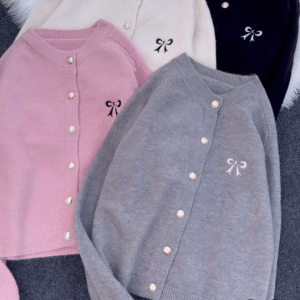 Bow-Embroidered Pearl Button Cardigans 🧥🎀 – Soft Knit Layers in Cream, Black, Pink & Gray Variants