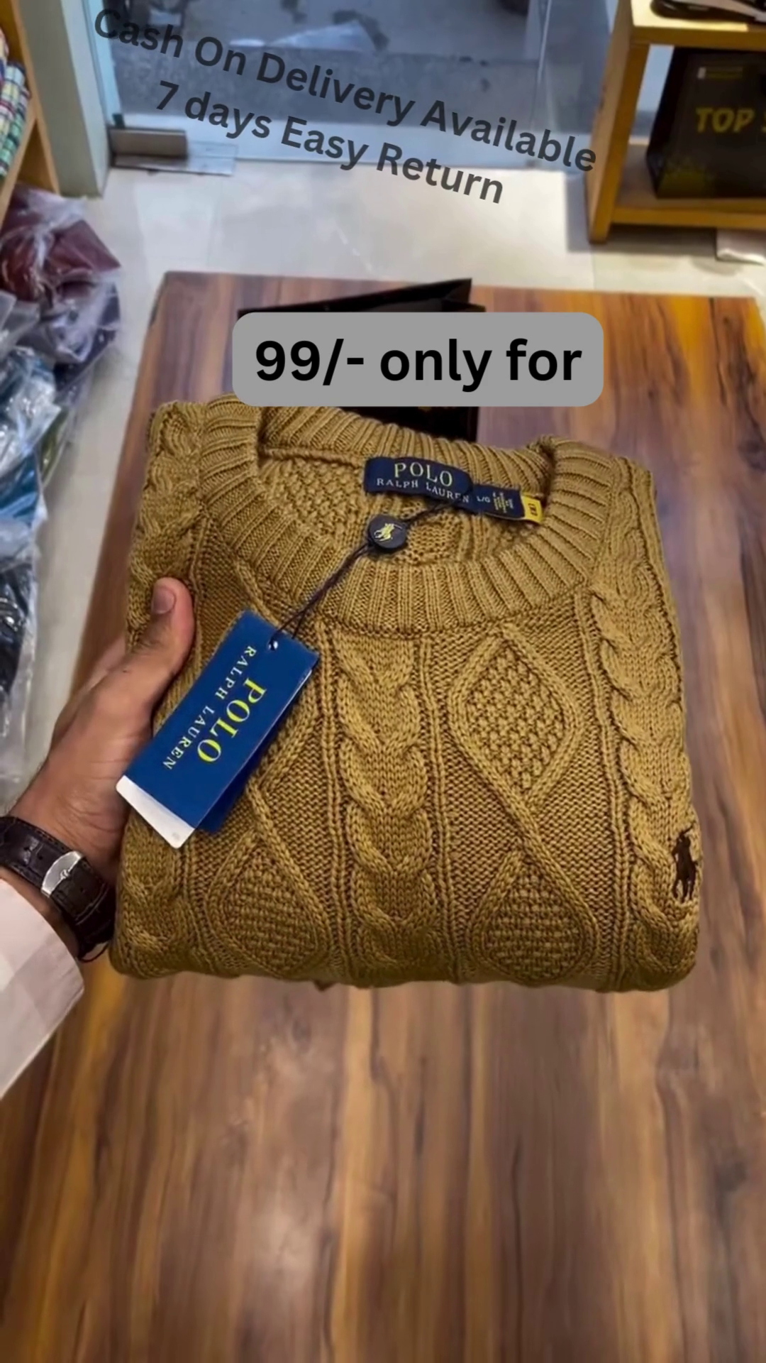 Cable-Knit Sweater Collection 🧶🍂 With Folded Display – Black, Mustard, Maroon & Brown Variants