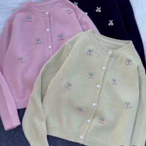 Cherry Embroidered Knit Cardigans 🍒🧶 With Pearl Buttons – Beige, Mint, Red & White Variants
