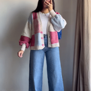 Color-Block Pastel Cardigans 🧥🎨 – Soft Knit Layers in Pink-Blue, Purple-Beige & Orange-Mustard Variants