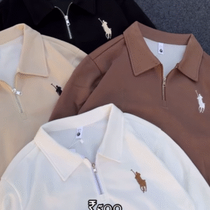 Half-Zip Polo Shirts 🧵🧼 With Embroidered Chest Detail – Black, Beige, Brown & White Variants