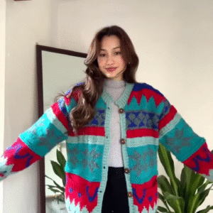 Multicolor Patterned Cardigan 🧥🍂 – Bold Knit Layer in Blue, Red & Teal with Seasonal Styling